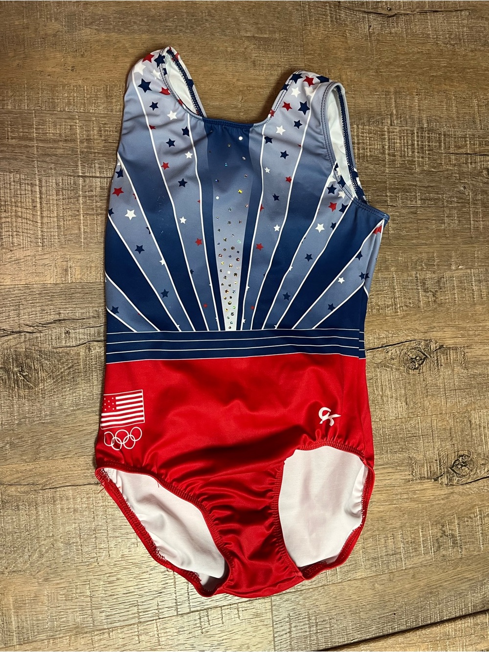 GK women’s Red & Blue Starburst leotard